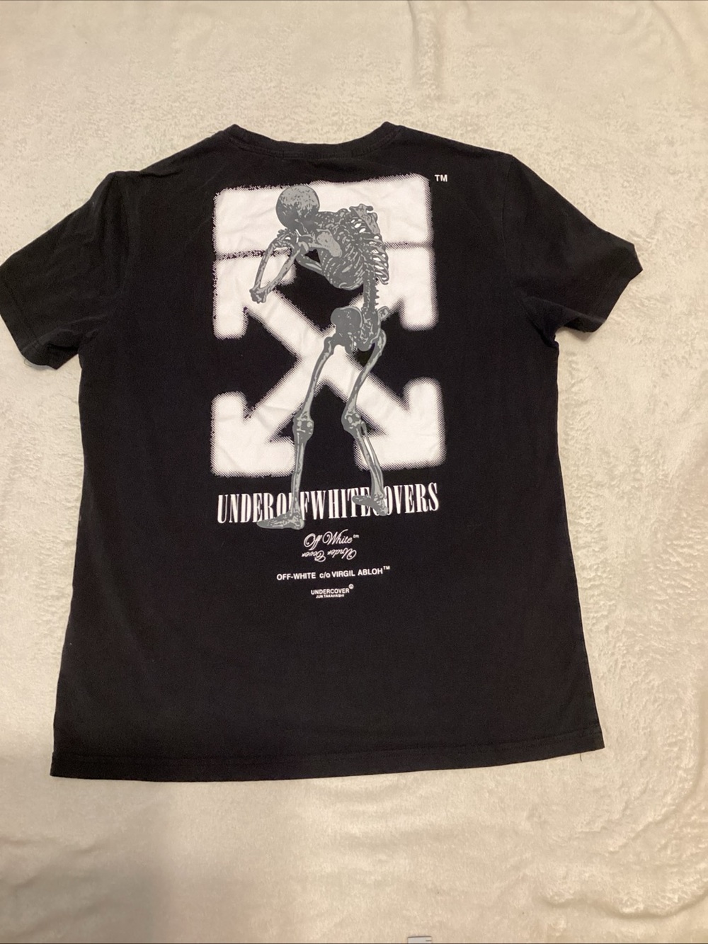 Off-White Black Tee with White Arrow Back and Gray Skeleton Graphic